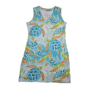 Ana Clare Womens Sleeveless V Neck Turtle Print Shift Dress Medium Cotton